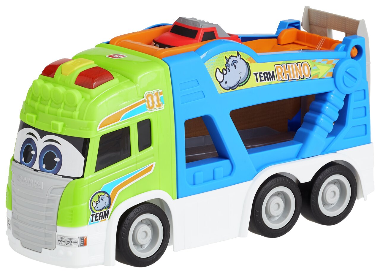 Speelgoedauto in felle kleuren, gezien vanaf de zijkant, met de opdruk 'Team Rhino' en een klein rood autootje op de laadbak.