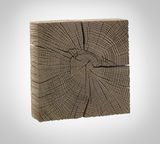 Quadratische Wandleuchte aus Holz mit sichtbarer Jahresringstruktur, seitliche Perspektive