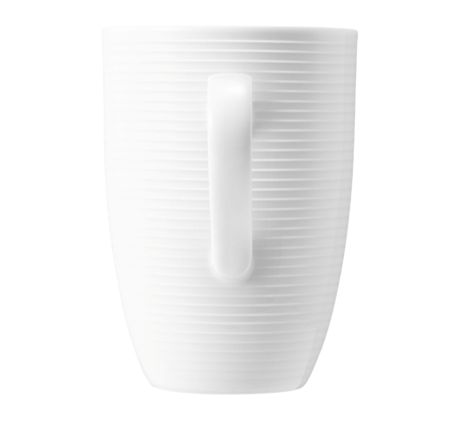 Weißer Maxi-Becher mit Henkel, seitliche Ansicht, 0,45 l, mit feiner Rillenstruktur.