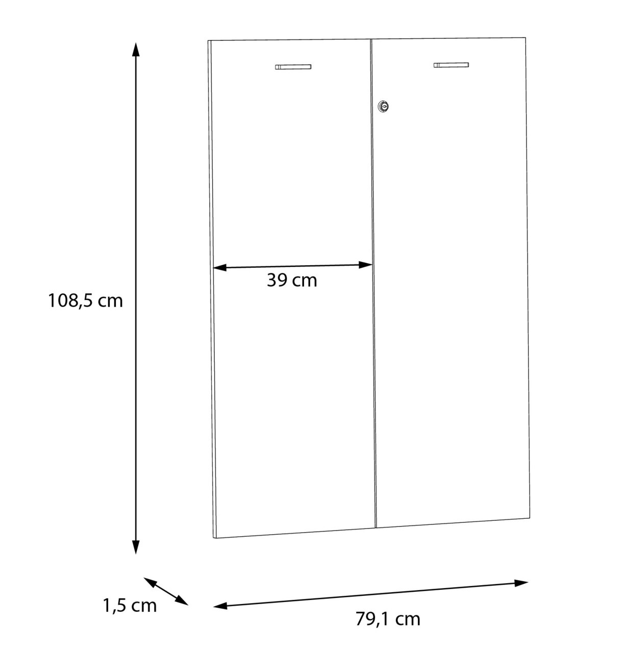 Twee deuren met slot, afmetingen 108,5 cm x 79,1 cm x 1,5 cm, vooraanzicht