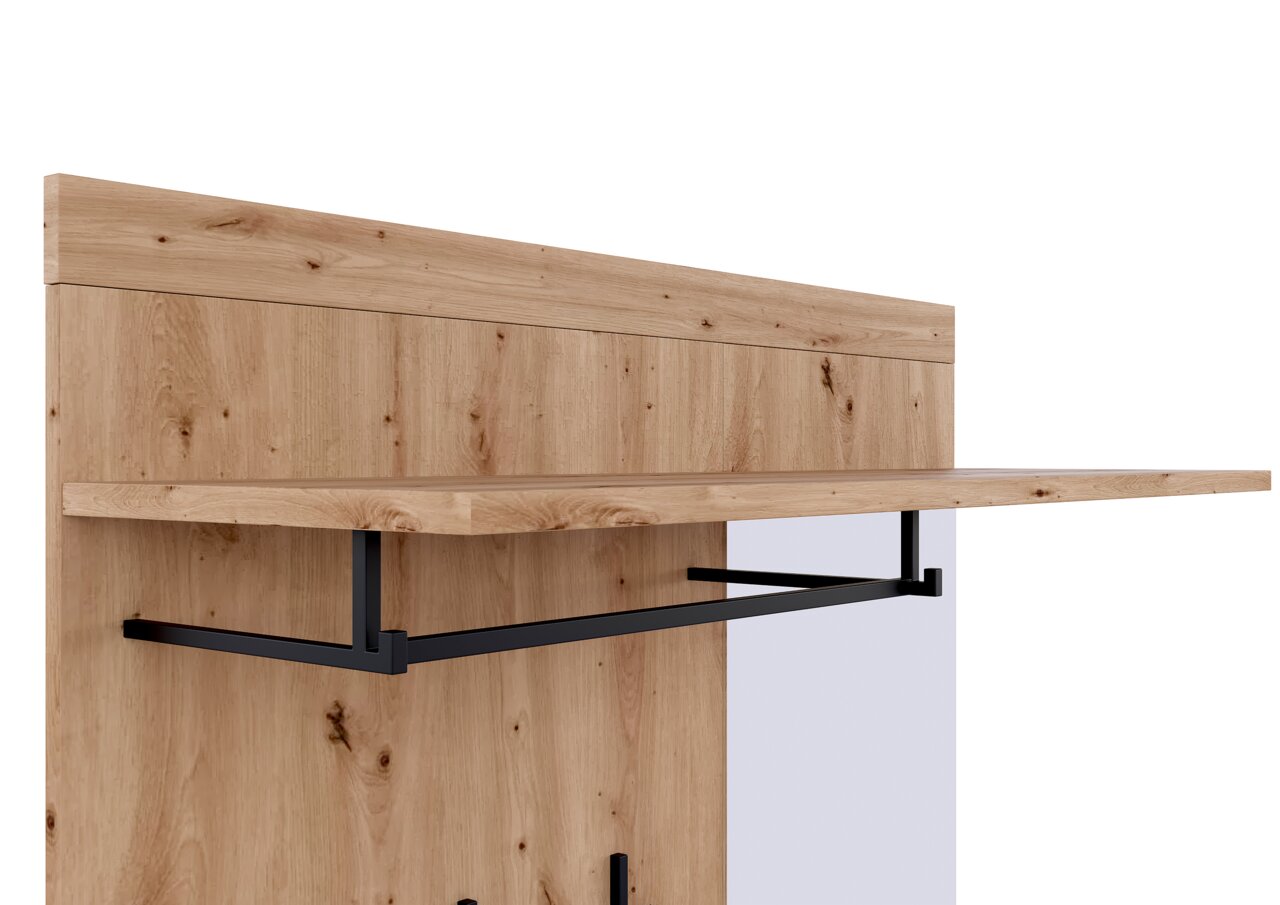 Kompaktgarderobe aus Holz mit schwarzem Metallgestell, seitliche Perspektive