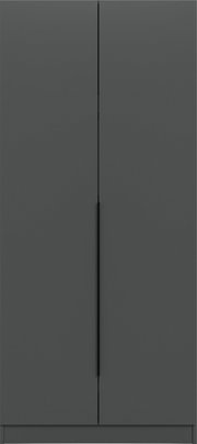 Minimalistischer, mattgrauer Schrank mit zwei Türen und schlanken vertikalen Griffen, frontale Ansicht.
