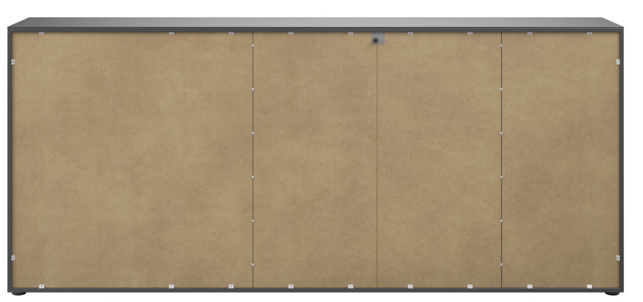 Rückansicht eines XXL-Sideboards mit schlichter, brauner Rückwand und grauem Rahmen.