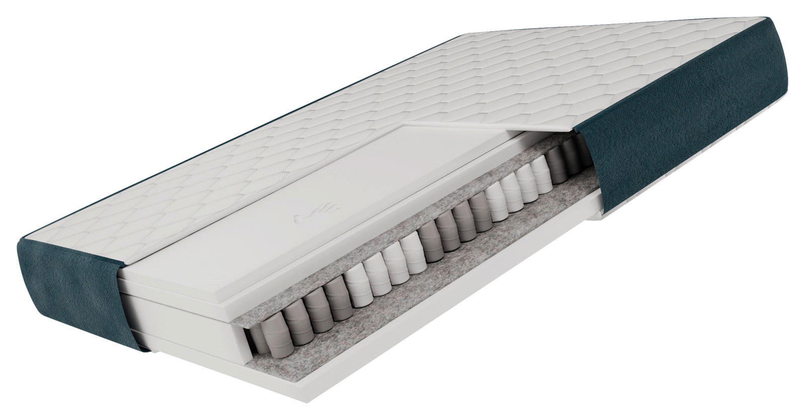 Querschnitt einer Matratze mit sichtbaren Taschenfedern und einer strukturierten Oberfläche, perspektivisch von der Seite gezeigt.
