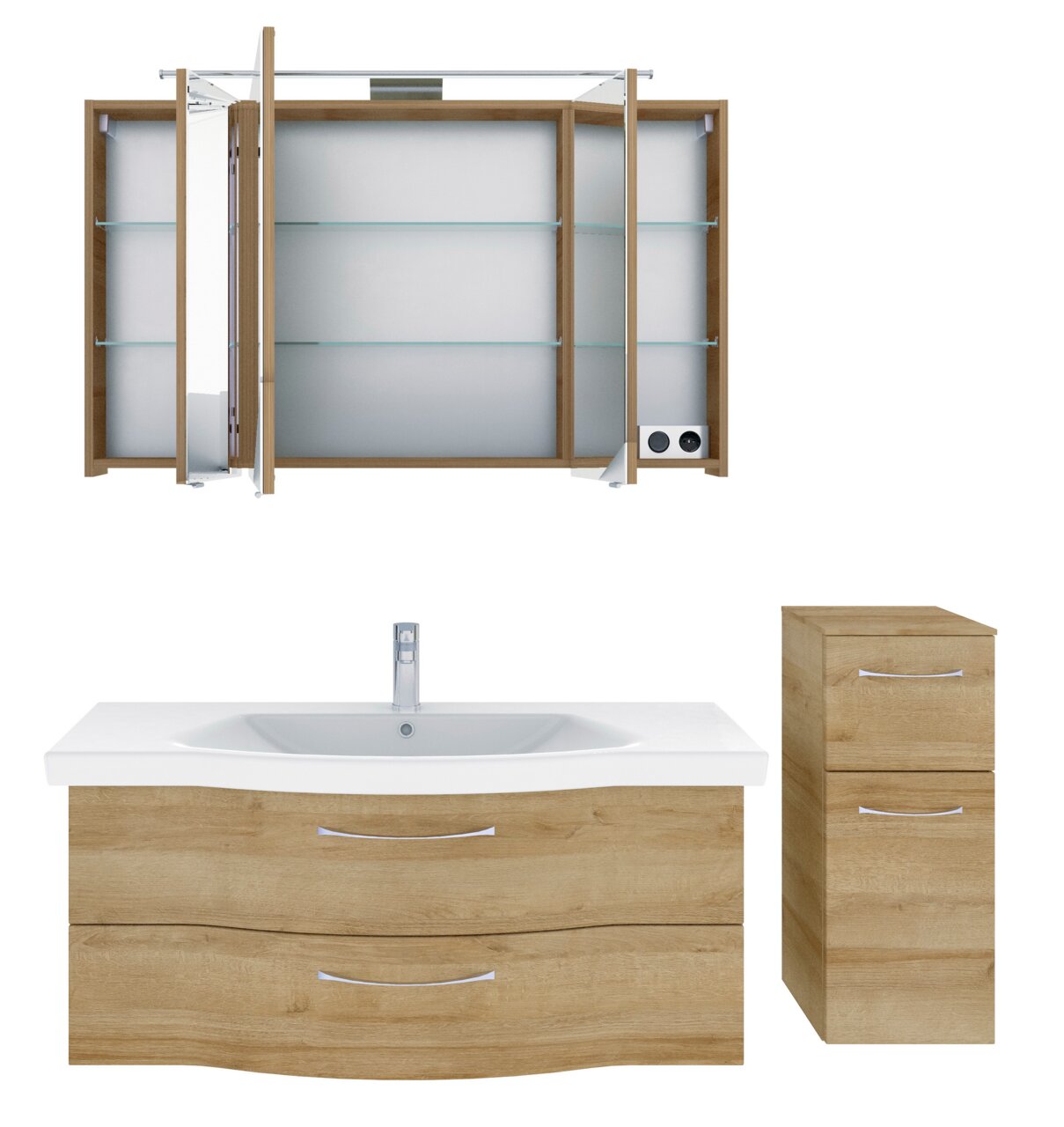 Badezimmermöbel-Set in Holzoptik, bestehend aus einem Spiegelschrank mit offenen Türen, einem Waschbeckenunterschrank mit zwei Schubladen und einem hohen Seitenschrank, aus der Frontalperspektive.