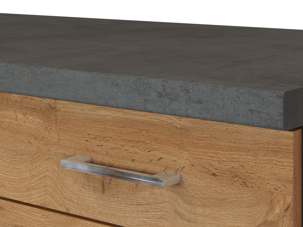 Nahaufnahme einer Küchenschublade mit Holzoptik und einer dunklen Arbeitsplatte, seitliche Perspektive.