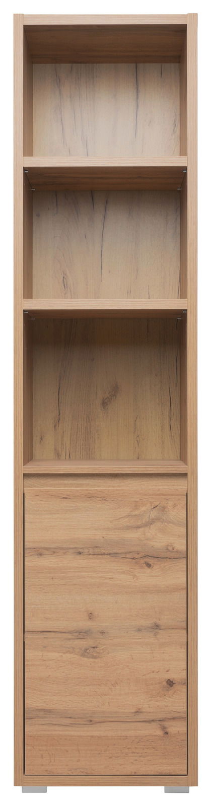 Holzregal mit drei offenen Fächern und einer geschlossenen Schublade, frontale Ansicht