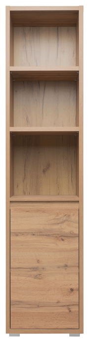 Holzregal mit drei offenen Fächern und einer geschlossenen Schublade, frontale Ansicht