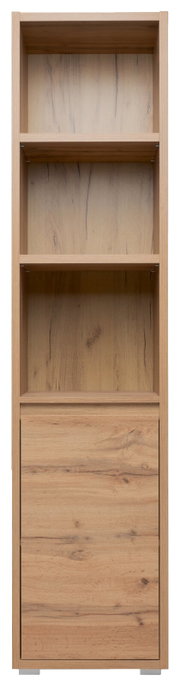 Holzregal mit drei offenen Fächern und einer geschlossenen Schublade, frontale Ansicht