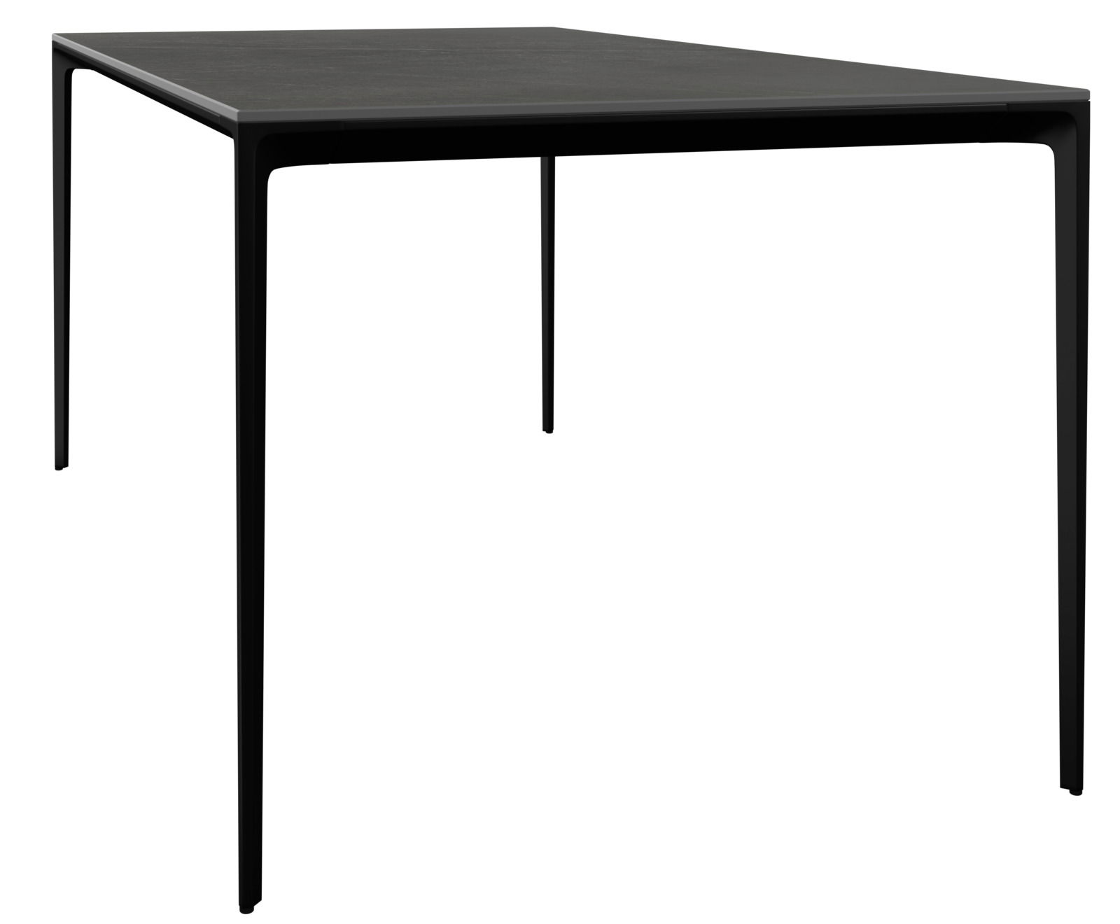 Moderner schwarzer Gartentisch aus Metall, seitliche Perspektive