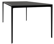 Moderner schwarzer Gartentisch aus Metall, seitliche Perspektive