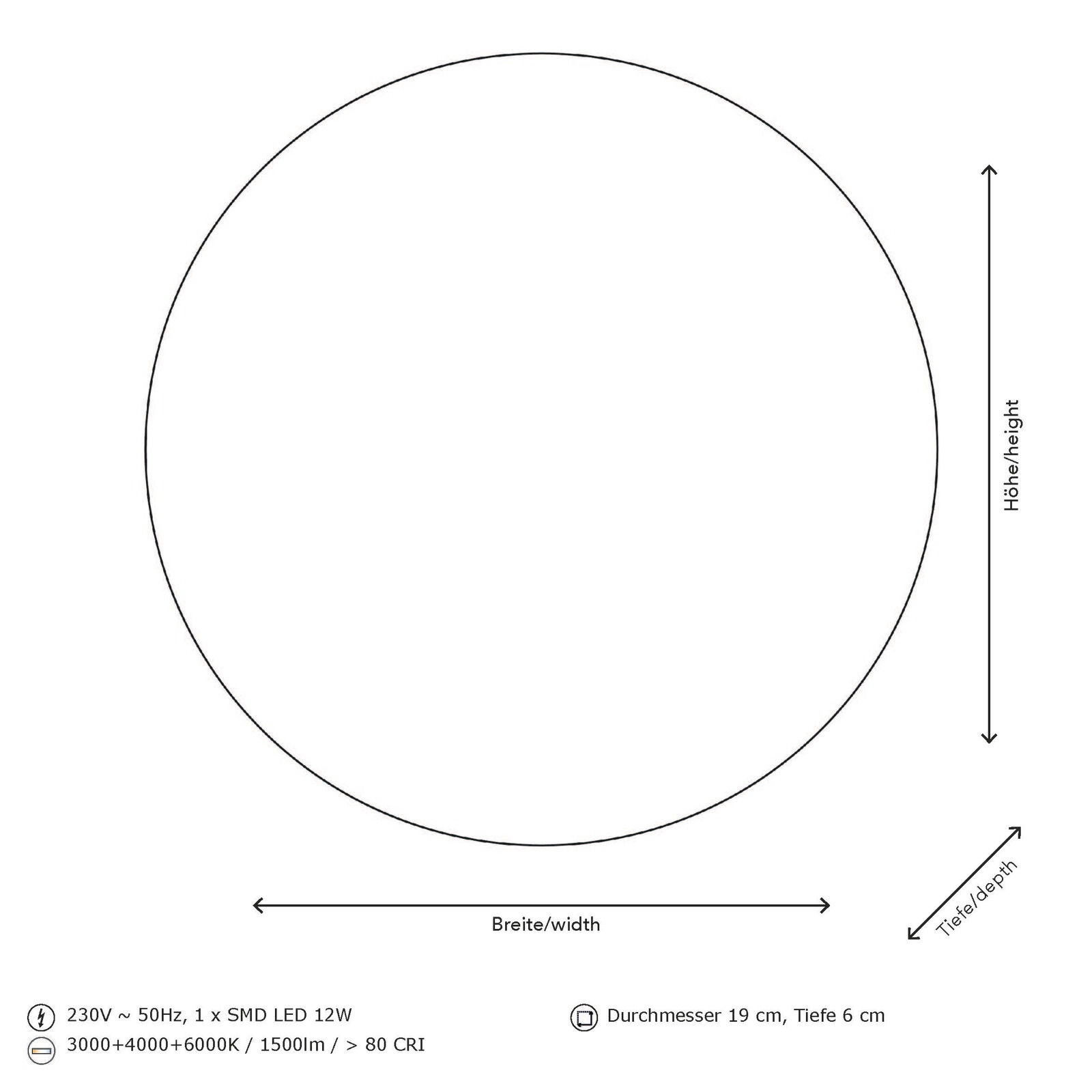 Runde LED-Wandleuchte mit einem Durchmesser von 19 cm und einer Tiefe von 6 cm, dargestellt in einer schematischen Frontansicht. Die Leuchte hat eine Leistung von 12W und bietet verschiedene Farbtemperaturen von 3000K, 4000K und 6000K.
