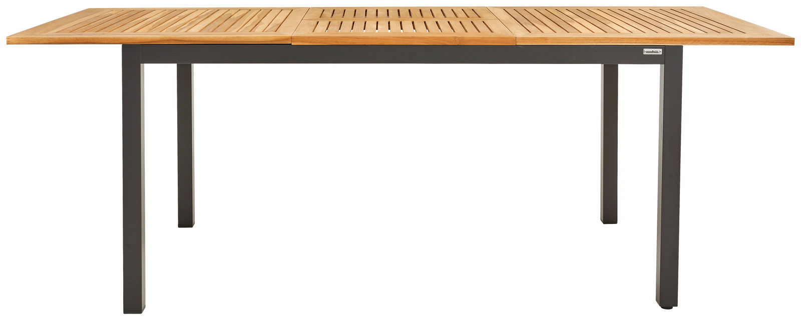 Ausziehtisch aus Holz und Metall, frontal betrachtet