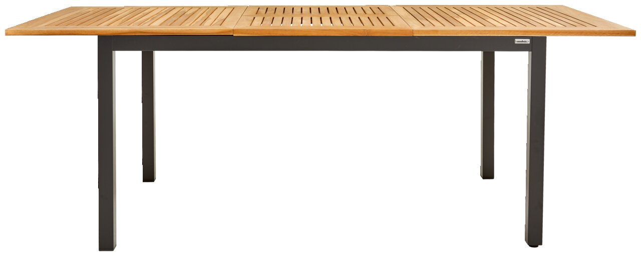 Ausziehtisch aus Holz und Metall, frontal betrachtet