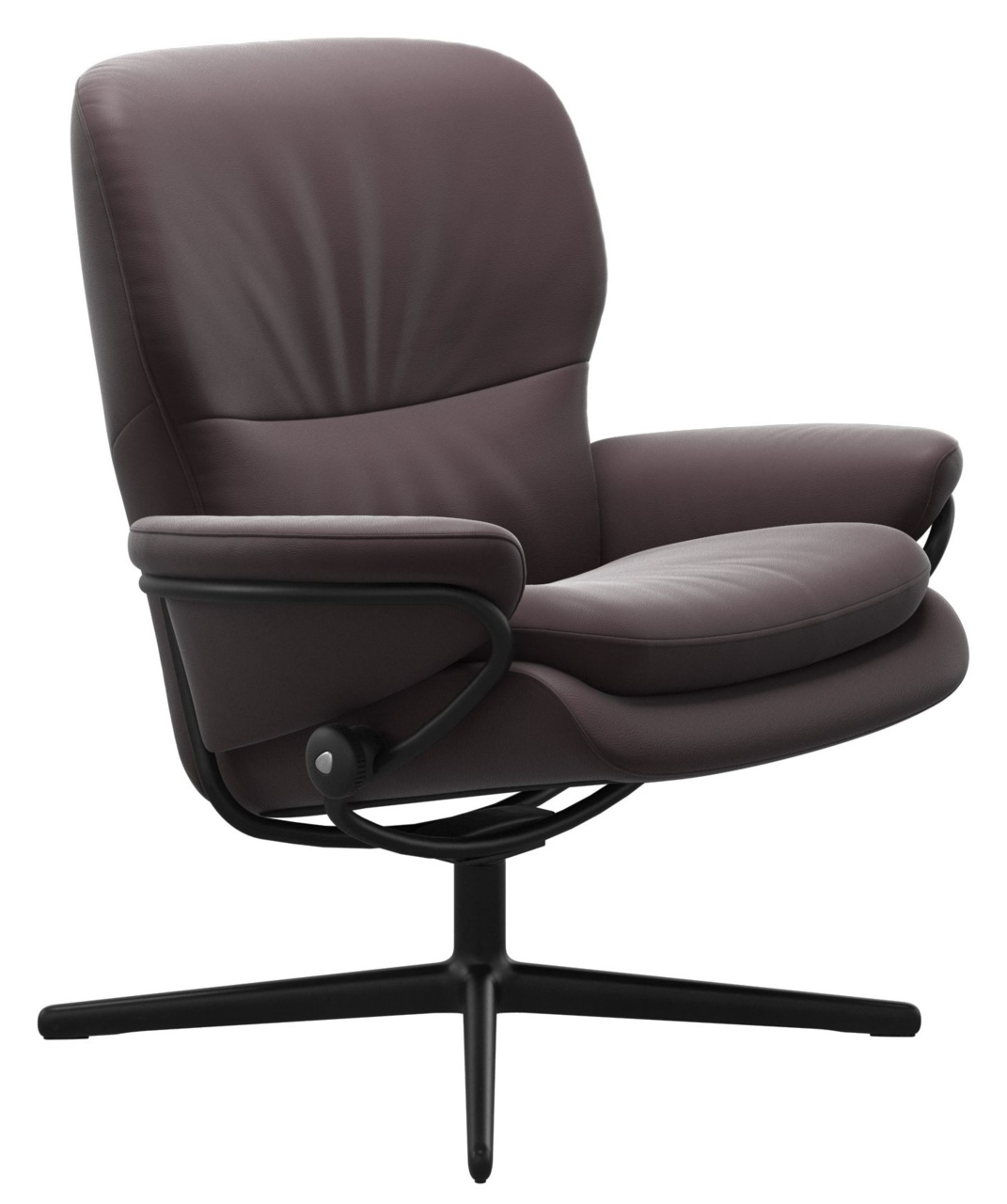 Moderner Einzelsessel in dunklem Leder mit schwarzem Drehgestell, seitliche Perspektive