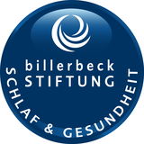 Logo der billerbeck Stiftung für Schlaf & Gesundheit, blaue runde Form mit weißem Text, Draufsicht