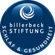 Logo der billerbeck Stiftung für Schlaf & Gesundheit, blaue runde Form mit weißem Text, Draufsicht