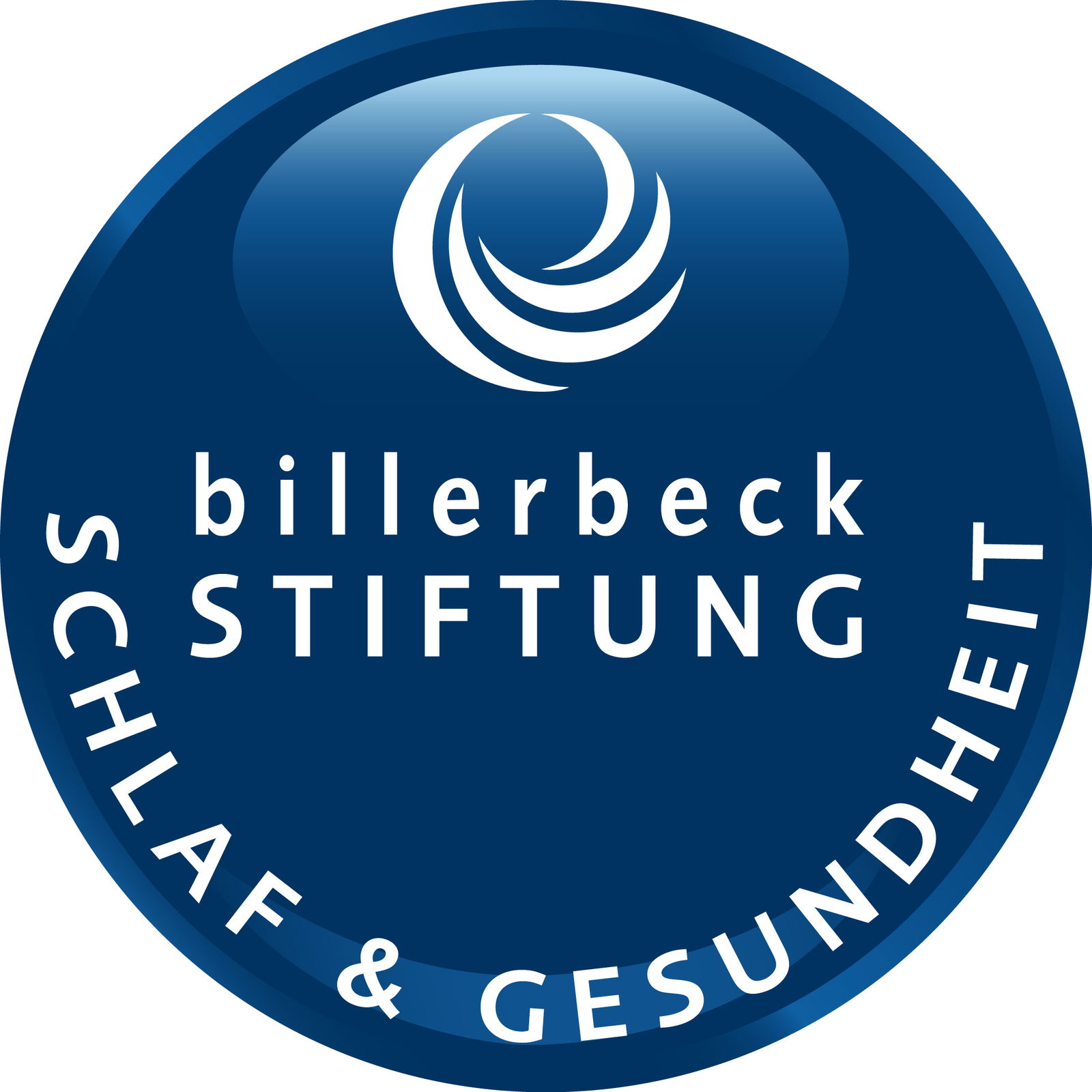 Logo der billerbeck Stiftung für Schlaf & Gesundheit, blaue runde Form mit weißem Text, Draufsicht