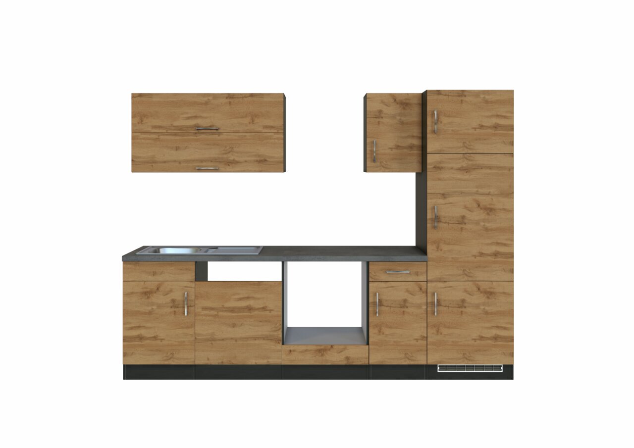 Moderne keukenblok in houtlook met meerdere kasten en een ingebouwde spoelbak, vooraanzicht