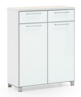 Weiße Schuhkommode der Serie SANTINA von VOSS mit zwei Schubladen und zwei Türen, frontal abgebildet.