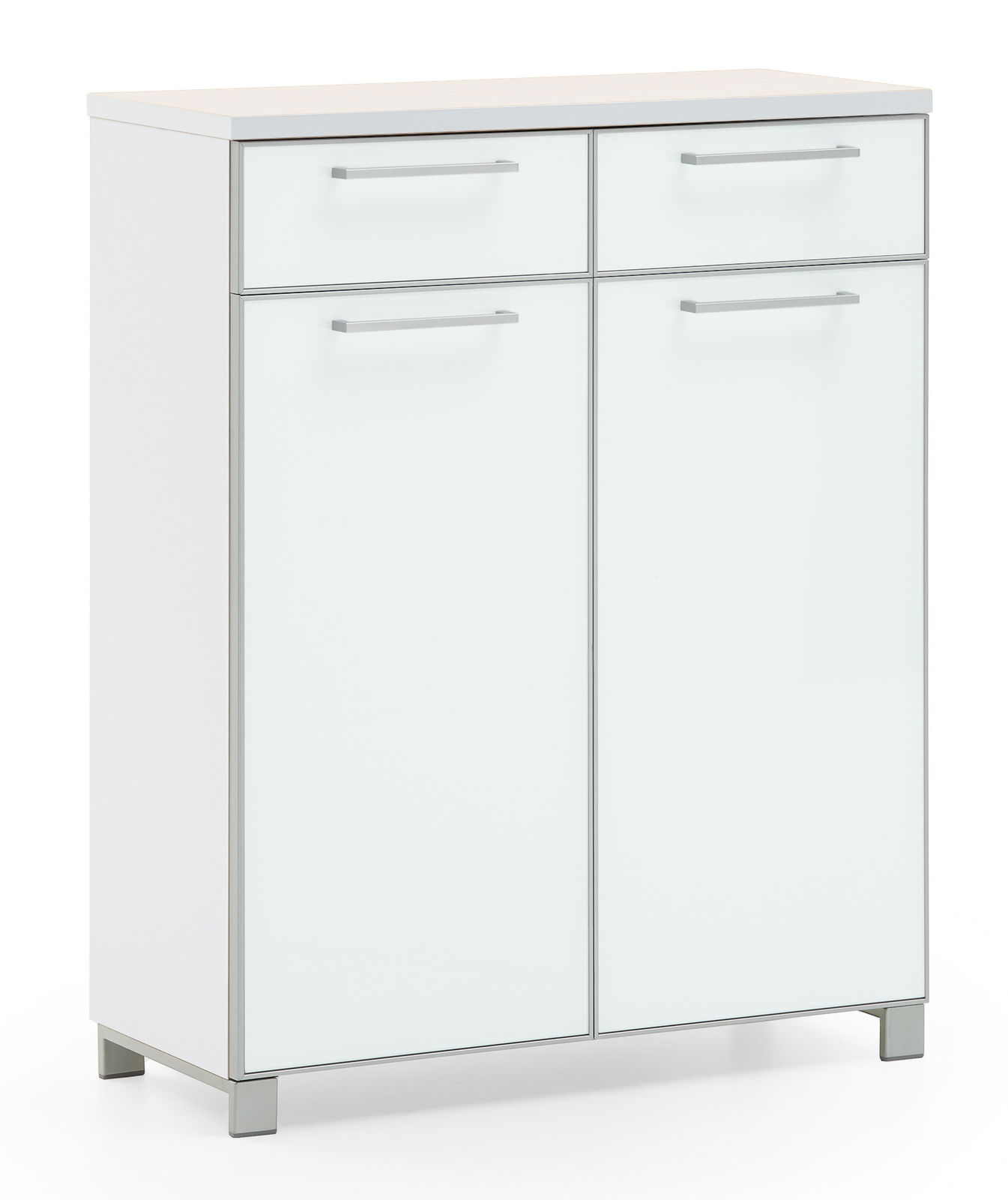Weiße Schuhkommode der Serie SANTINA von VOSS mit zwei Schubladen und zwei Türen, frontal abgebildet.