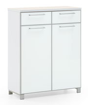 Weiße Schuhkommode der Serie SANTINA von VOSS mit zwei Schubladen und zwei Türen, frontal abgebildet.