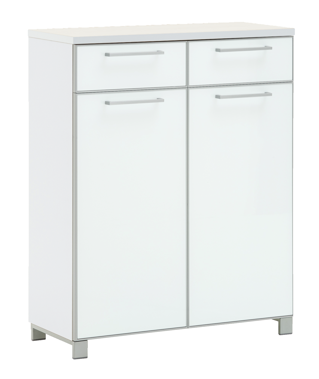 Weiße Schuhkommode der Serie SANTINA von VOSS mit zwei Schubladen und zwei Türen, frontal abgebildet.