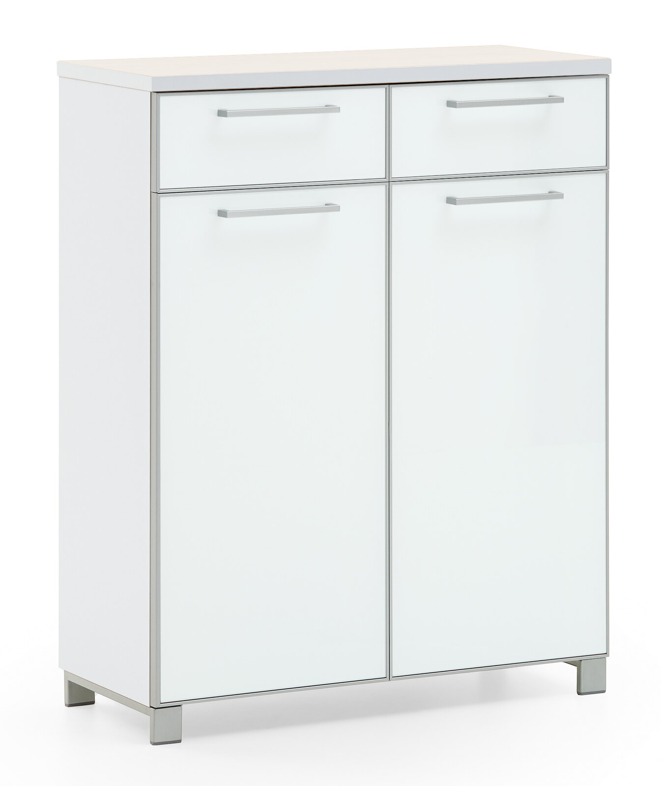 VOSS Schuhkommode SANTINA Weiße Schuhkommode der Serie SANTINA von VOSS mit zwei Schubladen und zwei Türen, frontal abgebildet.