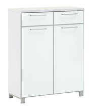 Weiße Schuhkommode der Serie SANTINA von VOSS mit zwei Schubladen und zwei Türen, frontal abgebildet.