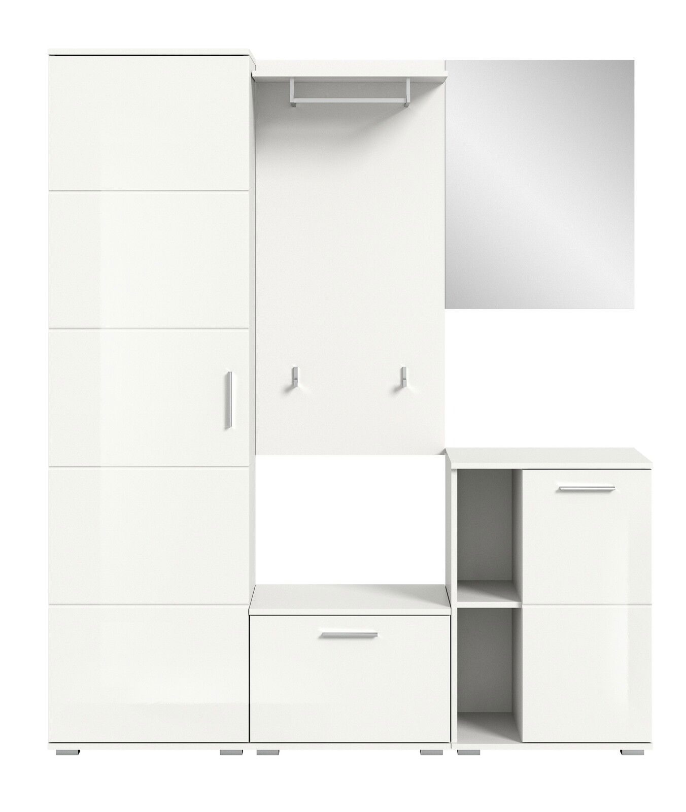 Weiße Garderobenkombination mit Schrank, Spiegel, Haken und Regalfächern, frontale Ansicht