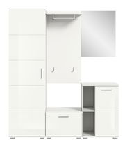 Weiße Garderobenkombination mit Schrank, Spiegel, Haken und Regalfächern, frontale Ansicht