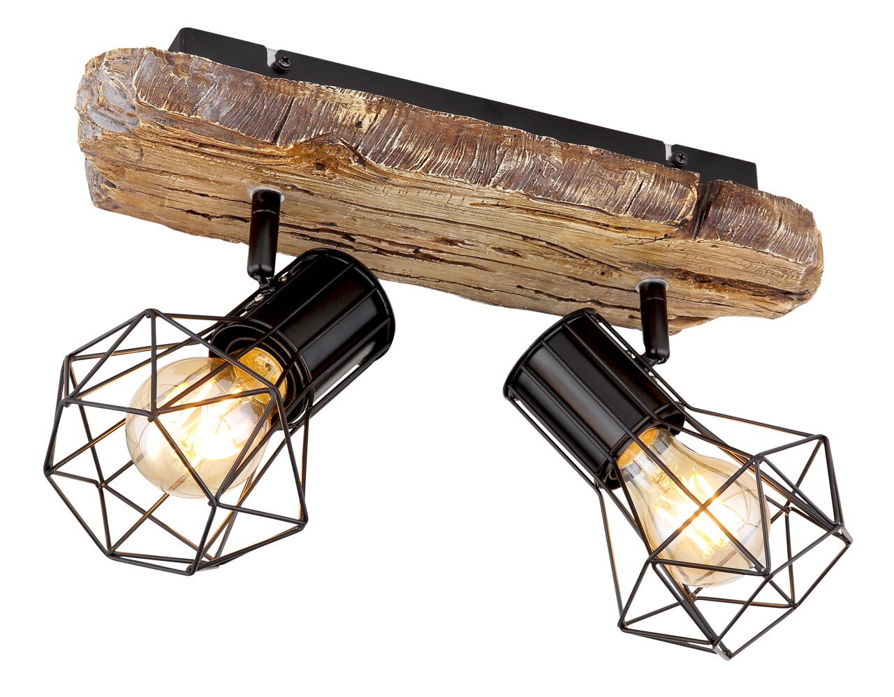 Globo Lighting Strahler PRISKA Deckenstrahler mit zwei schwarzen, geometrischen Lampenschirmen und einer rustikalen Holzhalterung, seitliche Perspektive