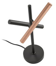 Moderne Tischleuchte CALINA mit schwarzem Sockel und zwei überkreuzten, zylindrischen Leuchtelementen in Schwarz und Kupfer, seitliche Perspektive.