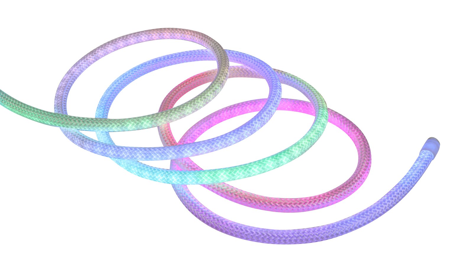 Nahaufnahme aus leicht erhöhter Perspektive eines locker gewundenen, transparent umflochtenen LED-Lichtschlauchs mit Farbverlauf in Blau, Grün, Rosa und Violett auf weißem Hintergrund