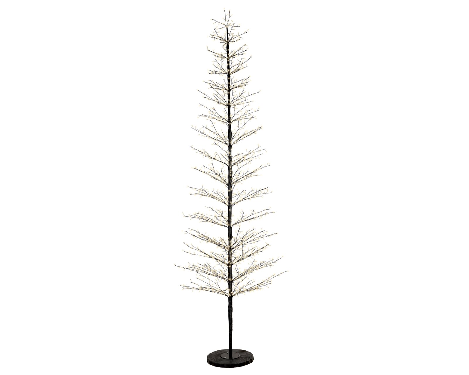 Vooraanzicht van een hoge, slanke zwarte decoratieboom met fijne takken, warmwitte ledlampjes en een ronde voet