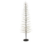 Vooraanzicht van een hoge, slanke zwarte decoratieboom met fijne takken, warmwitte ledlampjes en een ronde voet