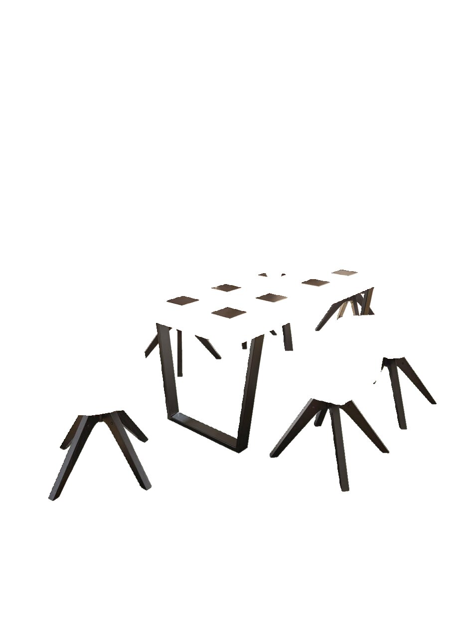 Esszimmer mit modernem Holztisch und sechs gepolsterten Stühlen in einer hellen, stilvollen Küche, Perspektive von schräg oben.