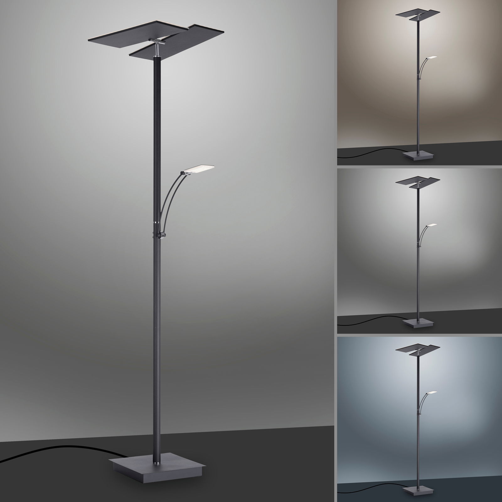 Moderne LED-Stehleuchte mit schlankem Design, seitlicher Leselampe und quadratischem Sockel, aus seitlicher Perspektive fotografiert.