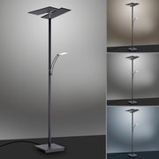 Moderne LED-Stehleuchte mit schlankem Design, seitlicher Leselampe und quadratischem Sockel, aus seitlicher Perspektive fotografiert.
