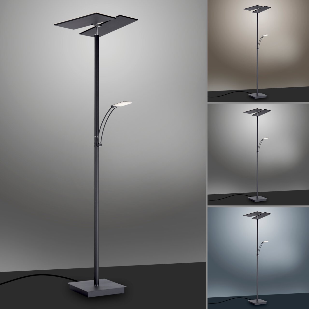 Moderne LED-Stehleuchte mit schlankem Design, seitlicher Leselampe und quadratischem Sockel, aus seitlicher Perspektive fotografiert.