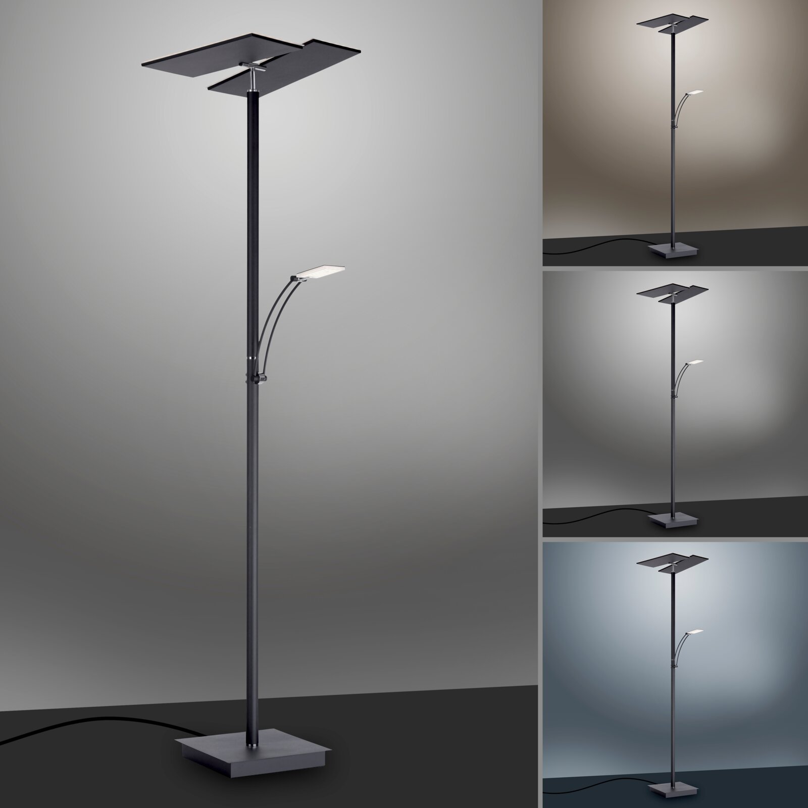 Moderne LED-Stehleuchte mit schlankem Design, seitlicher Leselampe und quadratischem Sockel, aus seitlicher Perspektive fotografiert.