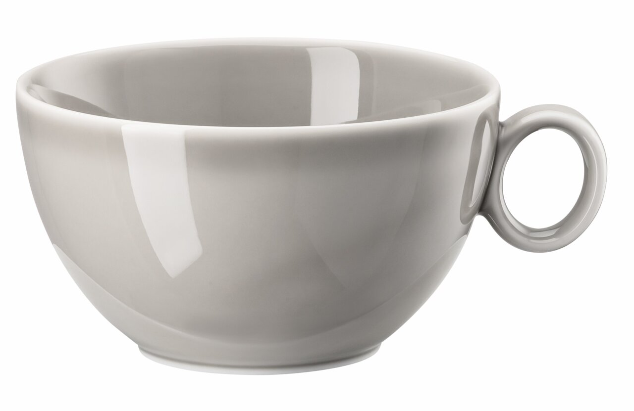 Graue Kombi-Obertasse mit rundem Henkel, seitliche Perspektive