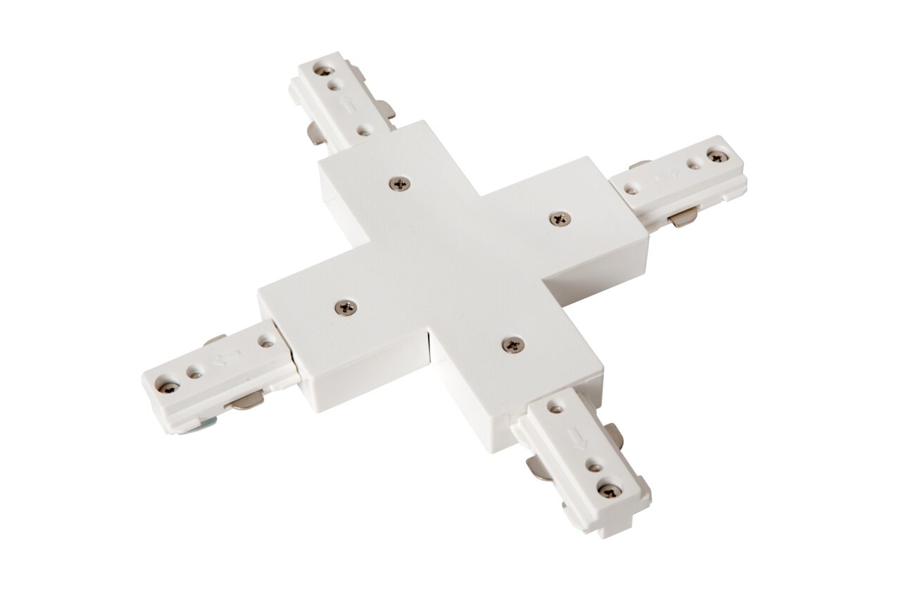 Weißer X-Verbinder aus der Vogelperspektive mit vier Anschlüssen für Schienensysteme.