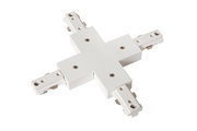 Weißer X-Verbinder aus der Vogelperspektive mit vier Anschlüssen für Schienensysteme.