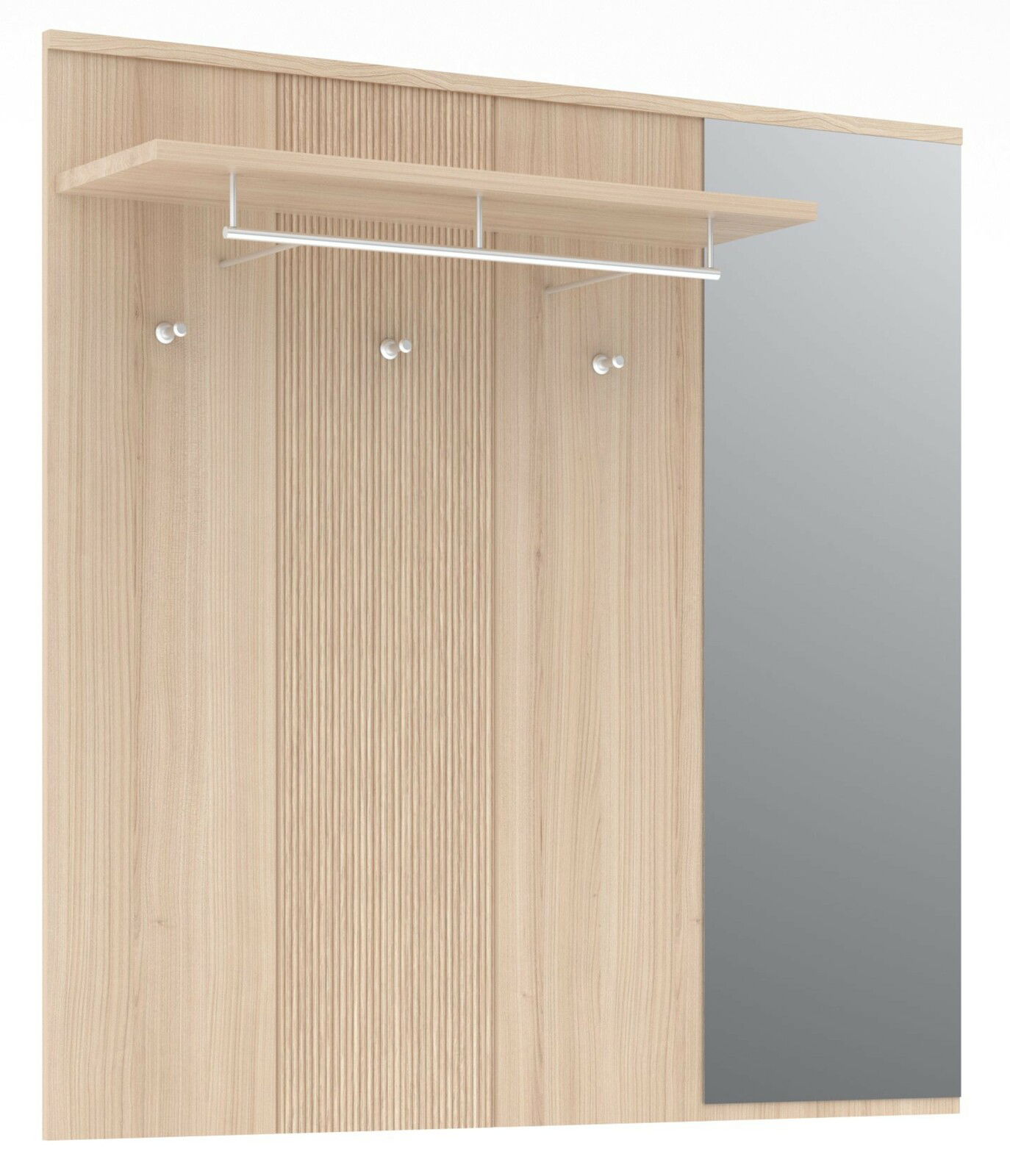 Garderobenpaneel aus hellem Holz mit Spiegel, drei Haken und einer Ablage, Frontalansicht