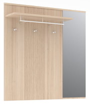 Garderobenpaneel aus hellem Holz mit Spiegel, drei Haken und einer Ablage, Frontalansicht