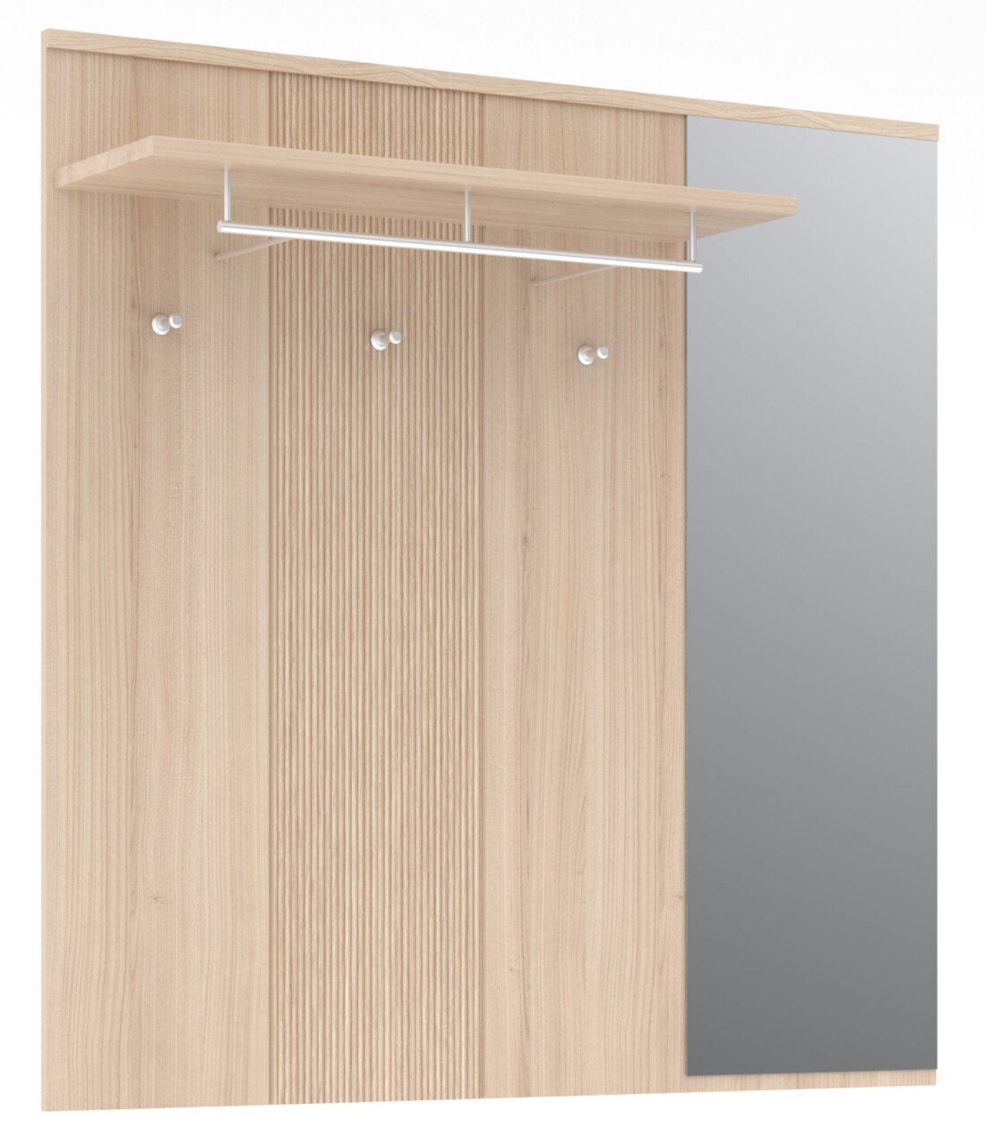 Garderobenpaneel aus hellem Holz mit Spiegel, drei Haken und einer Ablage, Frontalansicht