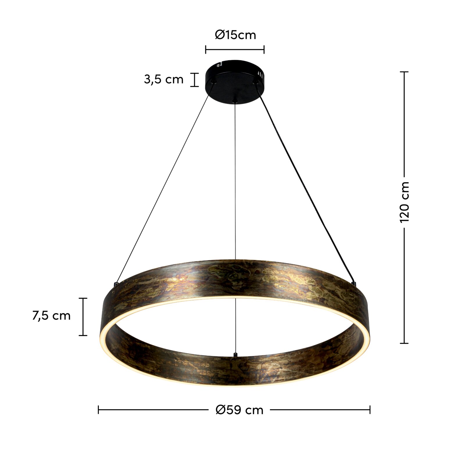LED-hanglamp in ringvorm met een diameter van 59 cm, met een donker, gedessineerd oppervlak. De lamp hangt aan drie kabels aan een ronde plafondbevestiging. Perspectief: zijaanzicht.