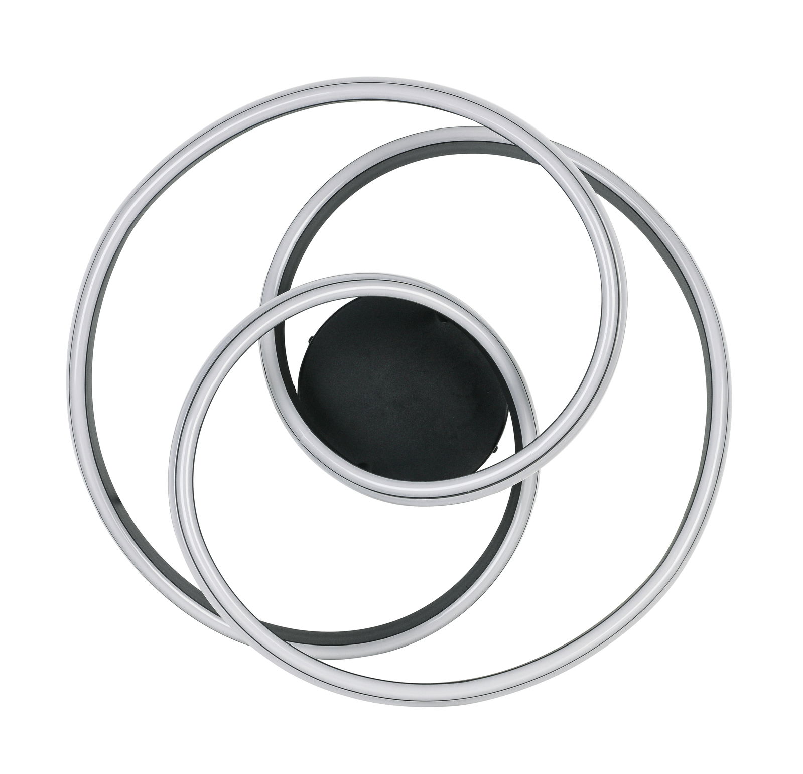 Moderne LED-Deckenleuchte mit verschlungenen Metallringen, Ansicht von unten.