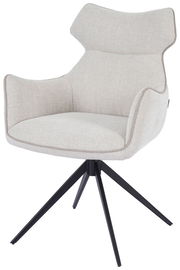 Moderner Armlehnstuhl mit hellgrauem Stoffbezug und schwarzem Metallgestell, seitliche Perspektive